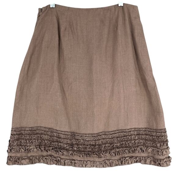 Eileen Fisher Brown A-Line Knee Length Ruffled Irish Linen Skirt Petite Small - Picture 2 of 8